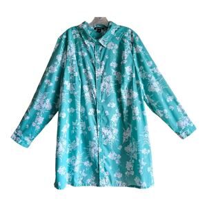 ROAMAN'S Plus 24 W Tunic Shirt Teal White Floral Long Sleeve Side Slits 52"